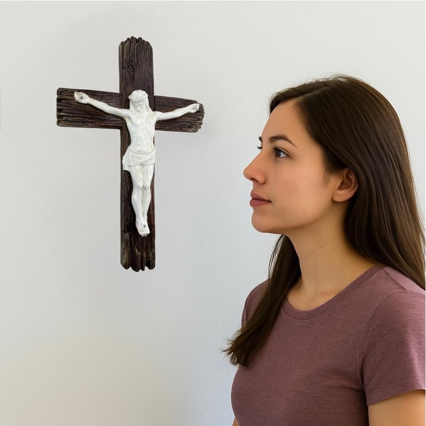 Top Brass Jesus Crucifix Cross, Rustic Catholic Christian Wall Decor, 12"