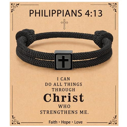Christian Cross Bracelet for Boys Men- Adjustable Rope Bracelet Christian Religious Jewelry Gifts Ideas for Teen Boys Kids - color: Black-PHILIPPIANS 4:13