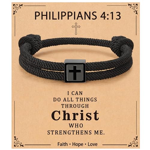 Christian Cross Bracelet for Boys Men- Adjustable Rope Bracelet Christian Religious Jewelry Gifts Ideas for Teen Boys Kids - color: Black-PHILIPPIANS 4:13