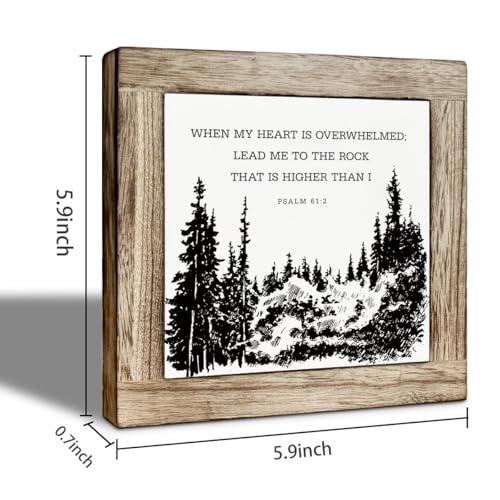 Christian Wooden Desk Decor Sign, When My Heart Is Overwhelmed, Lead Me to the Rock, Farmhouse Bible Verse Psalm 61:2 Tabletop Sign, Inspirational Religious Gift for Friends Family - color: color02
