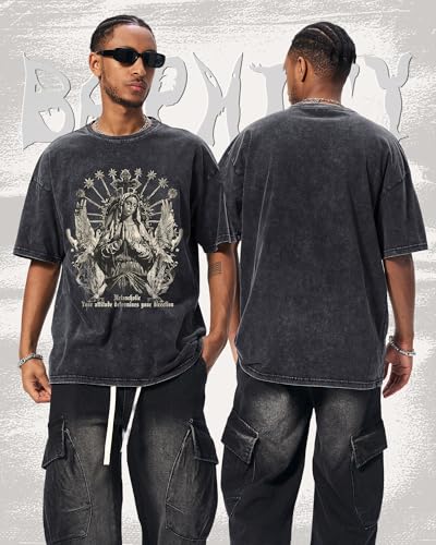 BAPHITY Mens Streetwear Crew Neck Cotton Graphic T Shirt - color: Black Faith, size: Small