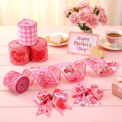 12 Rolls Mother's Day Wired Edge Ribbon for Wreaths 2 Inch x 60 Yards Pink Burlap Stripe Ribbons Happy Mother's Day Love You Mom Floral Decorative for Bow Wreath DIY Craft Gift Wrapping Decor - style: Mother's Day