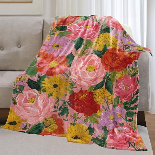 Colorful Floral Flannel Blanket Gifts for Women Flower Lover,50x40inch,Vibrant Garden Blossom Throw Blankets with Oil Paint Style,for Bedroom,Sofa,Living Room,Camping Home Decor Throws - color: Floral 03, size: 50x40 Inch