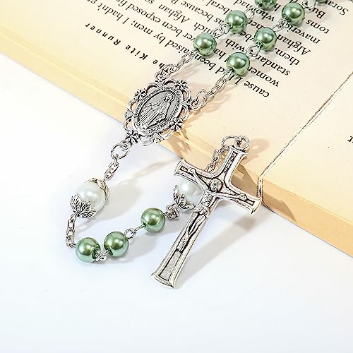 Nazareth Store Pearl Beads Rosary White Our Father Beaded Necklace Lourdes Medal & Cross Crucifix Spiritual Devotion - color: Green