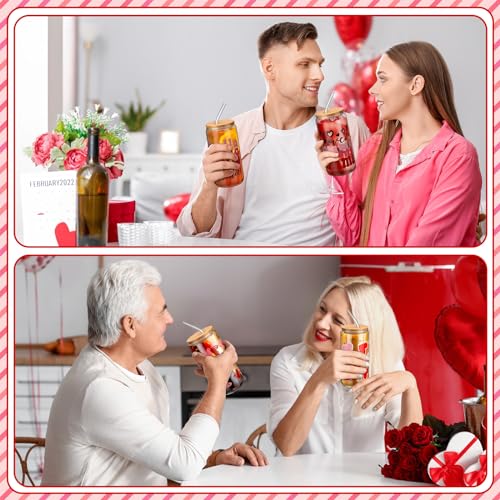 SiliFine 6 Pcs Valentine Heart Glass Cups, 16 oz with Lids and Straws - style: Heart