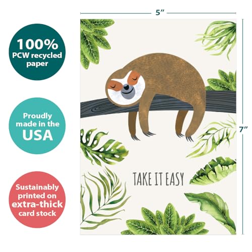Tree-Free Greetings "Take It Slow" Sloth Get Well Card - 1 Recycled 5x7 Card & Matching Envelope, Thick Cardstock, Sustainably Made in USA - Relaxing Jungle Theme - color: Sloth Slow Lane