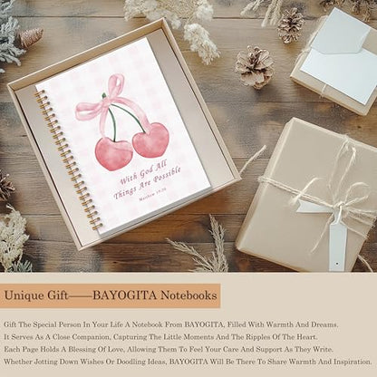 Coquette Pink Bow Cherry Christian Spiral Notebooks, With God All Things are Possible Bible Journal, Religious Journal for Women, Coquette Girly Office Supplies, 5.5x8.3 Inches - color: Cherry Bible