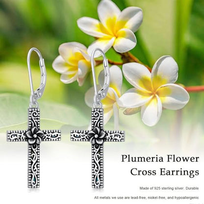 925 Sterling Silver Sunflower/Rose/Plumeria/Hibiscus/Mushroom Cross Earrings for Women Hawaiian Flower/Butterfly Cross Dangle Drop Earrings Jewelry Faith Christian Gift for Her Daughter Wife Girlfriend - style: Plumeria Cross