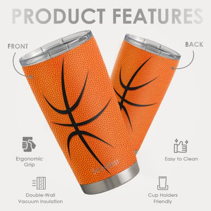 SANDJEST Basketball Tumbler 20oz Stainless Steel Insulated, Travel Coffee Cup, Sport Tumblers Gifts for Basketball Lovers, Men Women, Coach, Birthday, Christmas - color: Basketball