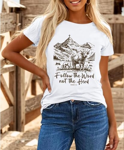 Western Christian Cowboy Rodeo Shirts for Women Cowgirl Jesus Bible Verse God Shirt Religious Faith Vintage Tshirts - color: White, size: Large
