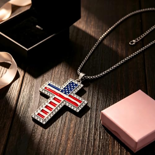 American Flag Cross Pendant Necklace, Silver-Tone, Stars and Stripes, Patriotic Religious Jewelry,for a gift box - color: Silver1