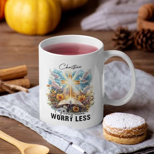 Christian Mug With Customized Name, Bible And Dove Design Ceramic Cup, Custom Christian Keepsake Mug 11oz 15oz, Personalized Christian Faith Coffee Cup, Gift For Family Member - color: HOA-624-2170-PRAY MORE WORRY LESS MUG
