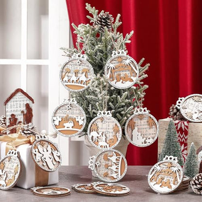 Shellwei 24 Pcs Christmas Ornament Bulk Wooden Nativity Scene Music Sheet - style: Cute