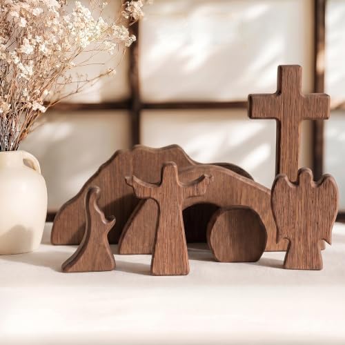 Wooden Empty Tomb Easter Scene Cross Decoration, 7-Piece Jesus Resurrection Nativity Set, Religious Christian Tabletop Decor for Home Office Church