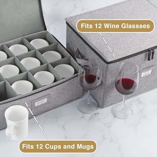 Wine Glass Storage and Cup Storage Case - Set of 2 Stackable Containers with Fully Padded Interior and Outside Hard Shell - 12pcs per Box with Insert Cards for Labelling and Side Handles - style: Cup + Wine Glass Storage