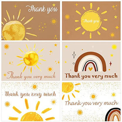 60 Pieces Here Comes the Son Boho Sun Baby Shower Thank You Cards,Includes 30 Pieces Envelopes and 30 Pieces Sunshine Blank Cards with Boho Stickers for Birthday Party Supplies - color: sun