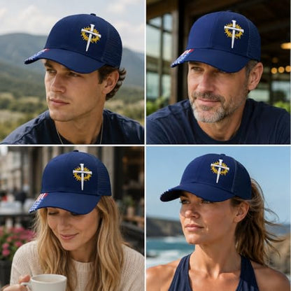Christian Cross Baseball Cap for Men, American Flag - color: Navy Blue