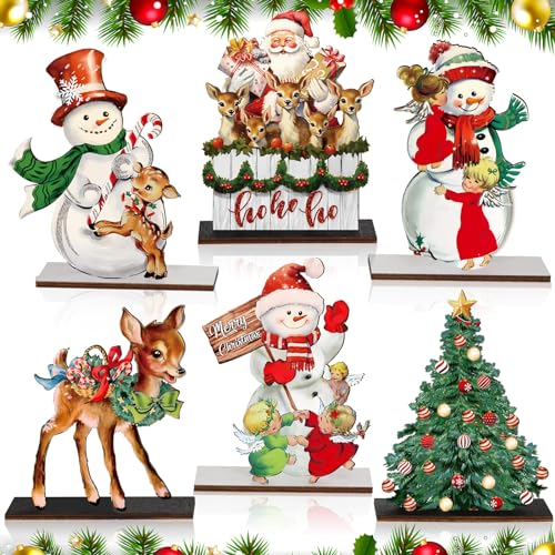 Beeveer 6 Pcs Christmas Table Decorations Wooden Snowman Reindeer Decor Christmas Table Centerpieces Vintage Wooden Retro Decorative Xmas Tree Santa Sign for Home Kitchen Shelf