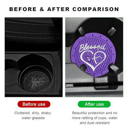 2PCS Car Cup Holder Coaster, 2.76 Inch PVC Anti Slip Car Cup Insert Coaster with Blessed Cross and Heart, Shockproof Dustproof Drink Mat Universal for Most Vehicles Interior (Dark Purple) - color: Dark Purple