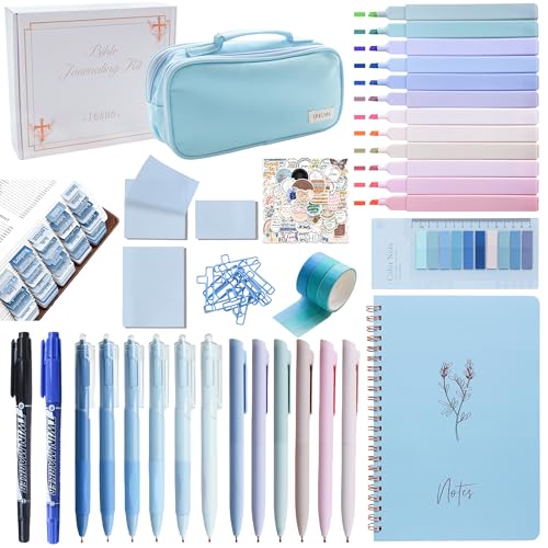 J6&H6 170Pcs Complete Bible Study Supplies Journaling Kit with Tabs, Highlighters and Color Pens, Notebook,Stickers & More Bible Accessories Set for Women, Beginner Christian Gifts(Blue) - color: Blue