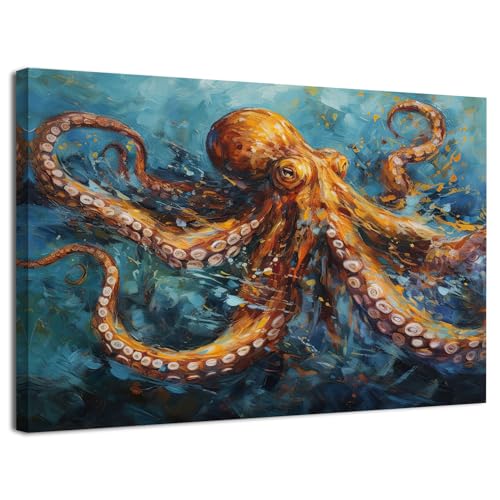 Octopus Bathroom Decor Octopus Wall Art for Coastal Room Decor Ocean Animal Canvas Prints Marine Life Painting Modern Nautical Beach Poster Artwork for Bedroom Living Room Home Decoration 12x16" - color: Octopus, size: 16"L x 12"W