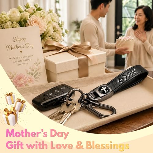 Christian Cross Leather Keychain for Men – Christian Gift for Dad Husband Son - color: Black – God is Greater (Gift Box)