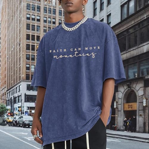 Men's Graphic Shirt Faith Can Move Mountains Shirt Oversized Camping Hiking Tees Acid Wash Casual T-Shirt - color: A Blue, size: Small