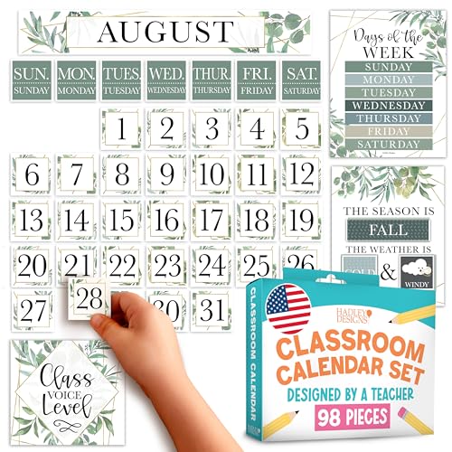 Classroom Calendar Set Bulletin Board Decorations, 98pc School Calendar Set - color: Geo Greenery