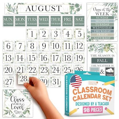 Classroom Calendar Set Bulletin Board Decorations, 98pc School Calendar Set - color: Geo Greenery