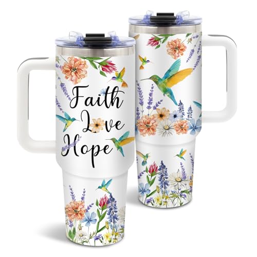 DUUV Christian Gifts for Women, Christian Tumbler 40 Oz with Handle, Faith Religious Gifts for Wife Girls Teen, Hummingbird Gift for Faith Lovers Women, Gift for Birthday Christmas Thanksgiving, 1PCS - color: Flowers Hummingbird