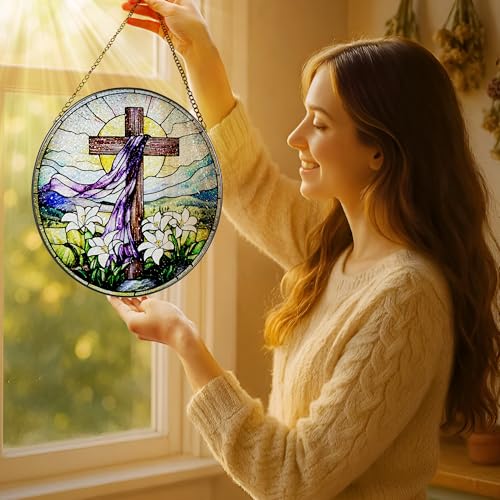 8 Inches Stained Glass Cross Suncatcher, Stained Glass Window Hanging Decor, Religious Cross Ornament, Christian Home Decor, Christian Gift, Religious Gift, Gifts for Christmas - color: Cross