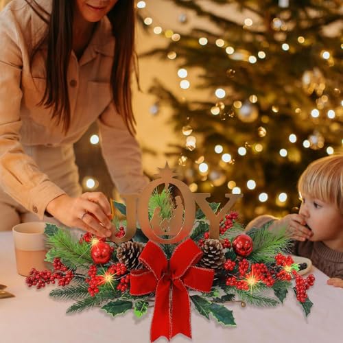 Eksen LED Lighted Christmas Centerpiece for Table or Mantel, Metal Joy Sign with Pine Greenery and Red Bow, Indoor Christmas Table Decorations for Holiday Home Decor