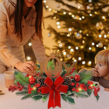 Eksen LED Lighted Christmas Centerpiece for Table or Mantel, Metal Joy Sign with Pine Greenery and Red Bow, Indoor Christmas Table Decorations for Holiday Home Decor