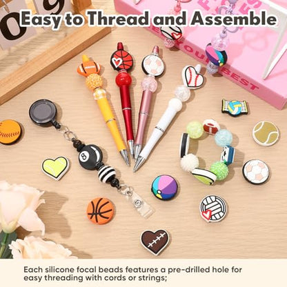 Tondiamo 60 Pcs Sports Ball Silicone Focal Beads for Pens Bulk Sports Theme Silicone Focal Bead for Beaded Pen Necklace Bracelet Charms Keychain Making Jewelry Making DIY Gifts (Ball) - style: Ball