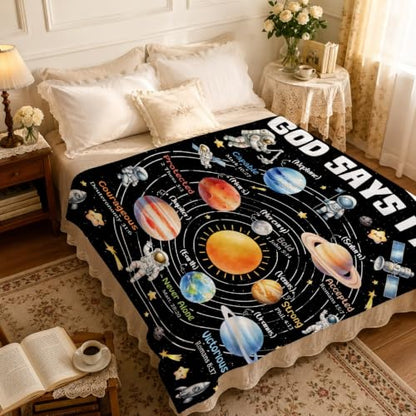 Planet Space Christian Gift Blanket, God Says I Am Bible Verse Blanket - color: God Says I Am Astronaut, size: 50"x60" for Teens