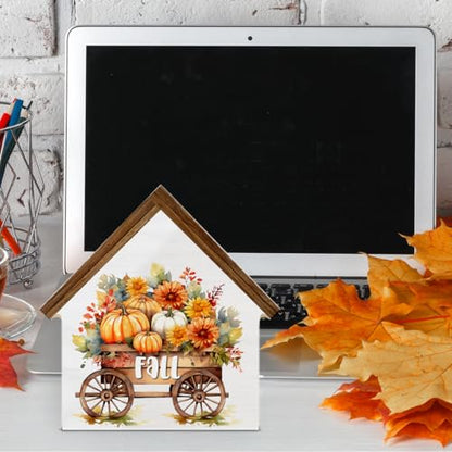 Fall Sign Decor, Pumpkin Harvest House Shaped Wood Block Sign - color: Fall-1