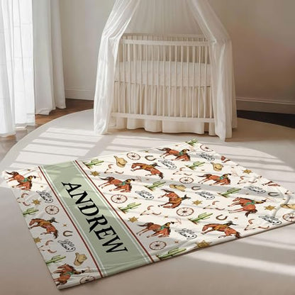 Personalized Cowboy Baby Blanket, Cute Farm Cow Western Pattern Design, Custom Name Toddler Kids Blanket Throw, Rustic Nursery Decor - color: Cowboy Blanket#1