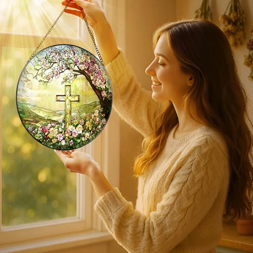8'' Christian Cross Ornament, Stained Glass Window Hanging, Sun Catcher Window Decor, Christian Faith Home Decor, Gifts for Christmas, Cross Gifts for Religious - color: Cross-a