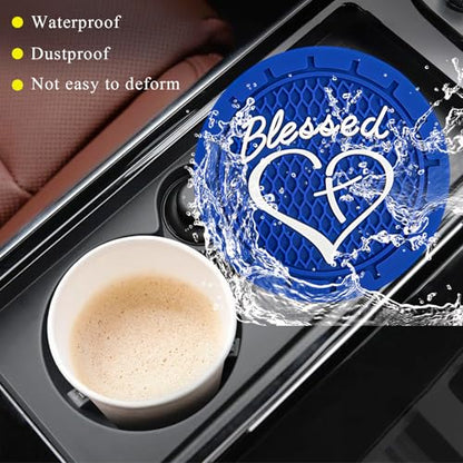 KVAEY 2 PCS Car Cup Holder Coasters, 2.76 Inch Anti Slip Vehicle Drink Mats with Cute Blessed Cross and Heart, Shockproof, Universal Car Accessories (Blue, 2 PCS) - color: Blue, size: 2 PCS