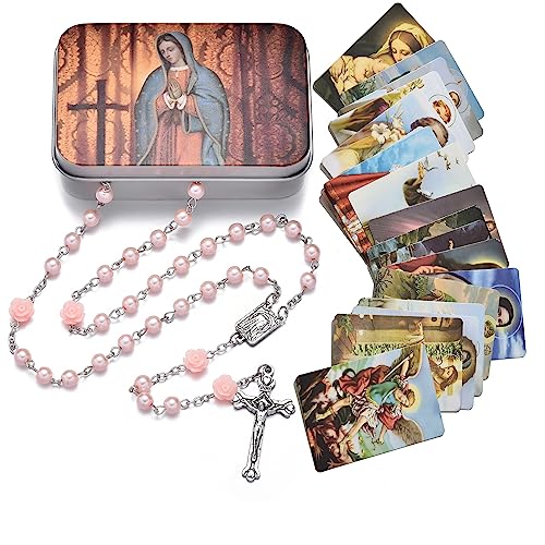 SZQCZB Rosary Beads Catholic Necklace Holy Soil Medal Cross Crucifix with Metal Box and 18pcs Prayer Cards - color: Pink