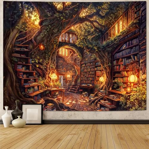 Accnicc Forest Library Tapestry Tree Bookshelf Tapestries Wall Hanging Vintage Fantasy Fairy Treehouse Book Large Tapestry for Bedroom Living Room Dorm Classroom 80 x 60 inch - color: Brown Gold, size: 80"L x 60"W