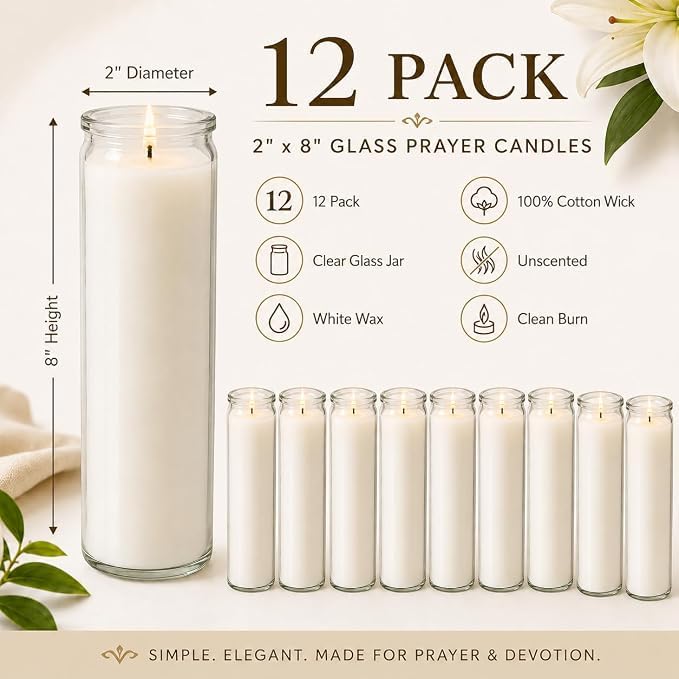 White Prayer Glass Candles Unscented, Bundle 12 Pack