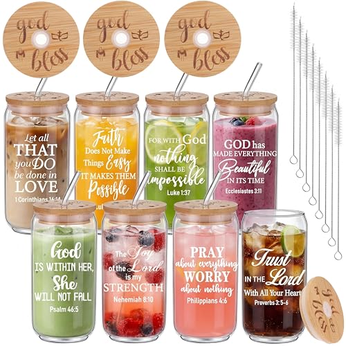 Tioncy 8 Pcs Christian Gifts for Women 16oz Bible Verse Coffee Drinking Glass Cups with Bamboo Lids Straws Brushes Inspirational Religious Gifts for Church Christian Party Favor - style: Bible