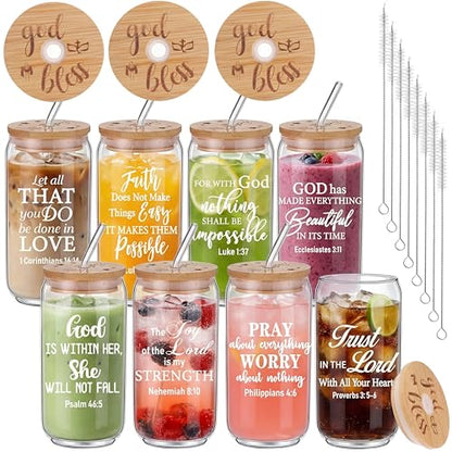 Tioncy 8 Pcs Christian Gifts for Women 16oz Bible Verse Coffee Drinking Glass Cups with Bamboo Lids Straws Brushes Inspirational Religious Gifts for Church Christian Party Favor - style: Bible