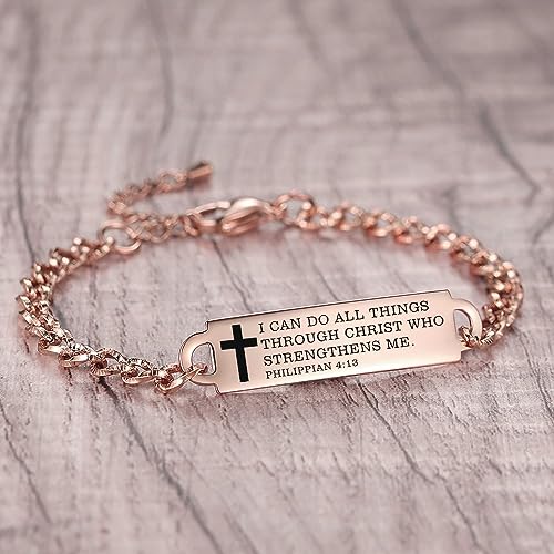 Bible Verse Bracelet-Stainless Steel Scripture Quotes Inspirational Bracelet Faith Christian Bracelet for Women, Christmas gift for women - color: Rose gold