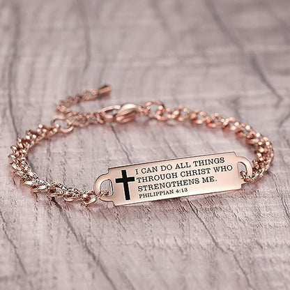 Bible Verse Bracelet-Stainless Steel Scripture Quotes Inspirational Bracelet Faith Christian Bracelet for Women, Christmas gift for women - color: Rose gold