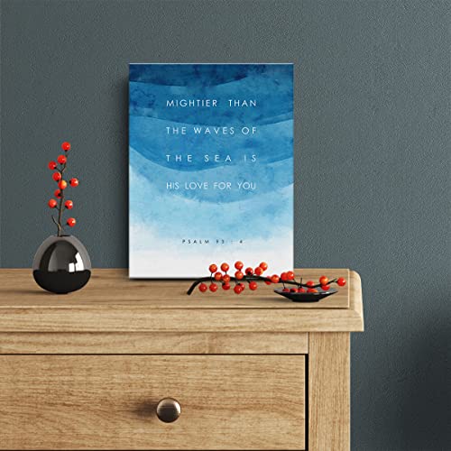 Bible Verse Canvas Print Decor Mightier Than the Waves Psalm 93:4 Wall Painting Posters Blue Artwork 12”X15”Home Office Decoration (Framed) - color: Sea's love