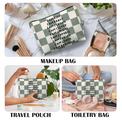 Inspirational Makeup Bag, Affirmation Encouragement Gifts for Women, Sage Green Checkered Cosmetic Bag Canvas Toiletry Zipper Pouch for Women - color: I AM KIND