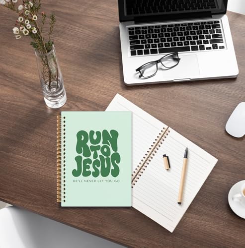 Green Christian Spiral Notebook, Run to Jesus Bible Verse Journal, Religious Scripture Journals for Writing, Bible Notebooks for Note Taking, Church Notes Journal, 5.5x8.3 Inch - color: Jesus-Green