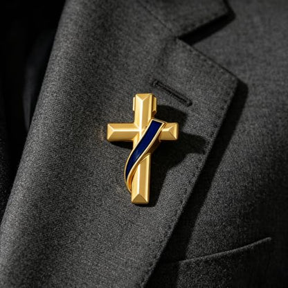 Clergy Gold Cross Lapel Pin with Enamel Ribbon, Christian Religious Brooch Badge, Suit Collar Accessory Faith Gift for Church Staff Believers - color: Blue